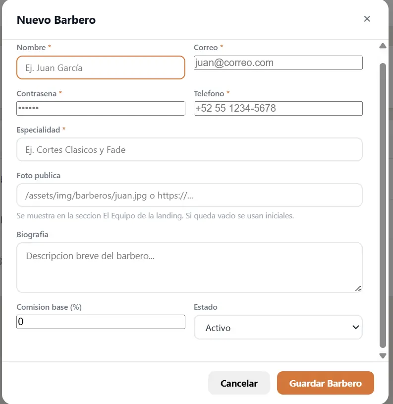 Crear nuevo barbero